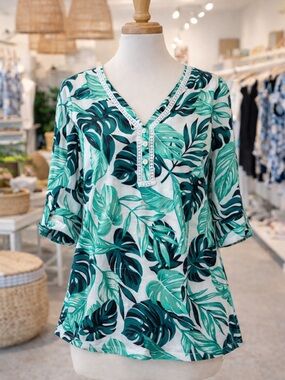Coral Bay Linen Blend Top M Teal Green Tropical Boho Coastal Resort Cruise Wear